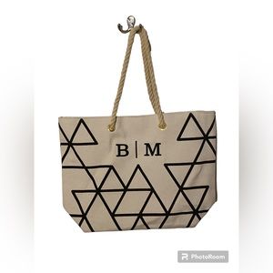 NWT Monogrammed white and black striped canvas tote bag with initials “BM”